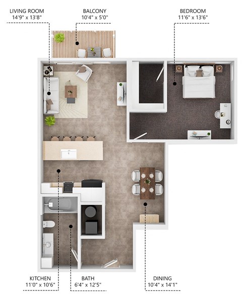 Floor plan for 1 bed, 1 bath, 880 sqft